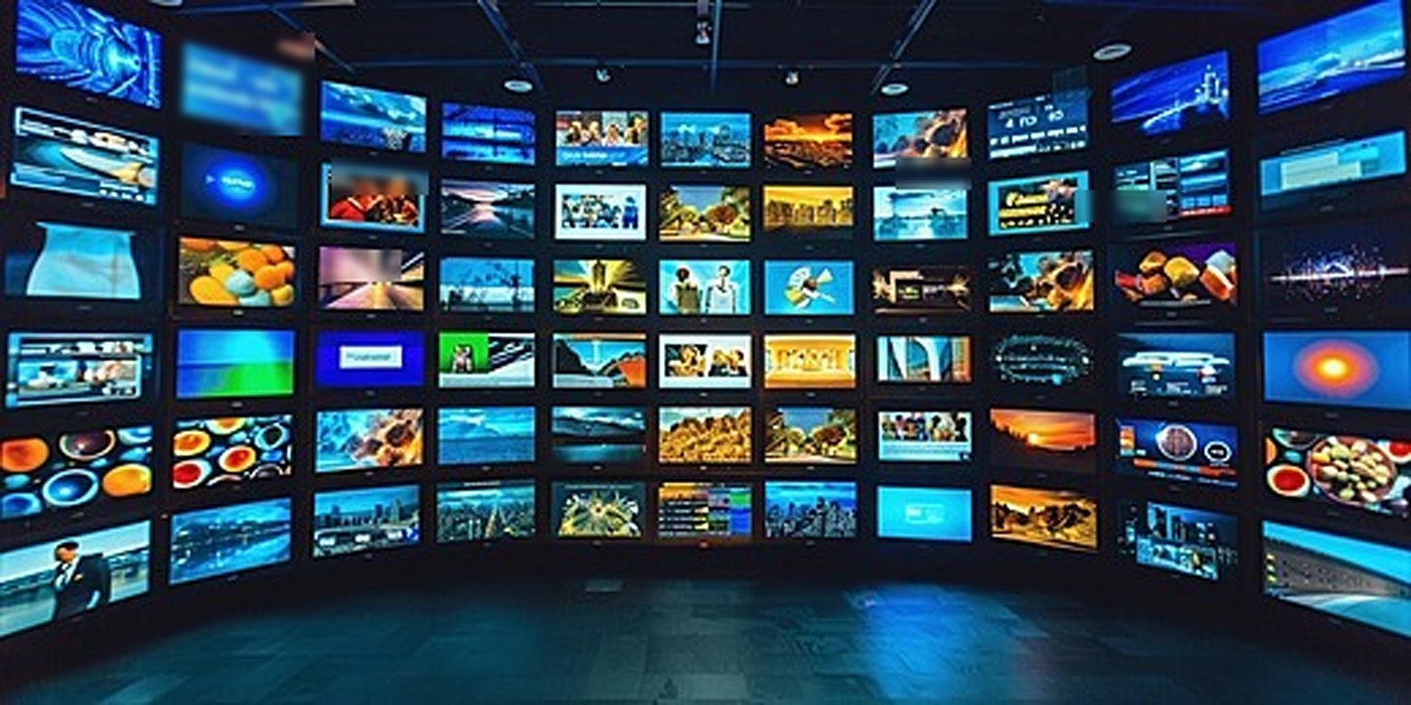 Yan yana dizilmiş onlarca televizyondan oluşan ekran duvarı